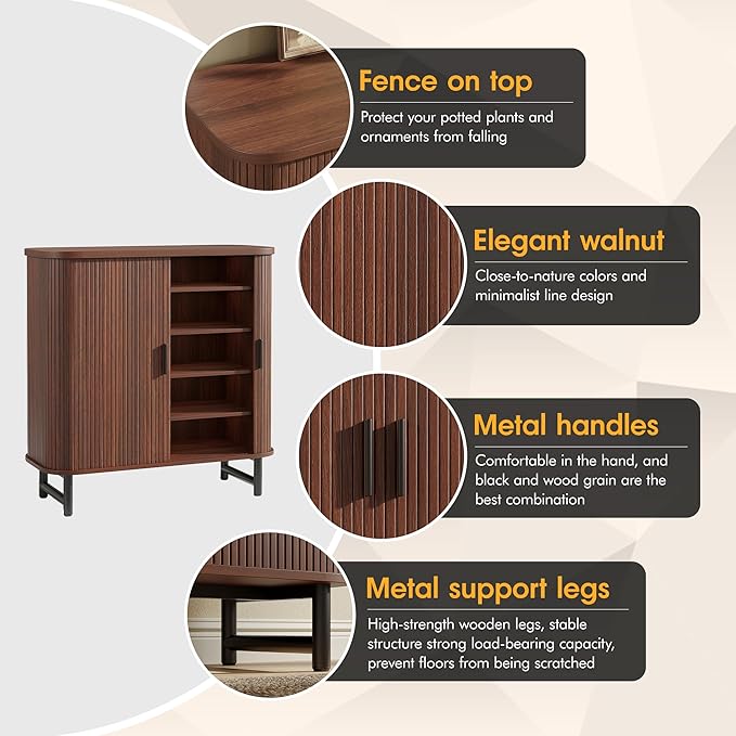 Maupvit Shoe Storage Cabinet with Smooth Fluted Sliding Doors, 5-Tier Shoe Cabinet Storage for Entryway, Narrow Hidden Shoe Rack for Front Door Entrance, Metal Handles and Legs, Walnut