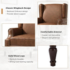 Faux Leather Wingback Accent Chair, High Back Upholstered Armchair, Comfy Fabric Wingback Arms Chairs with Solid Wood Legs, Single Sofa Reading Chair for Bedroom Living Room, Brown
