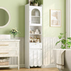 Maupvit 68” Tall Slim Bathroom Storage Cabinet, Narrow Cabinet with Drawer and Fluted Glass Door, Wave-Like Panel, 3-Tier Adjustable Shelves, 14.9" Wide for Small Space, 8 Compartments, White