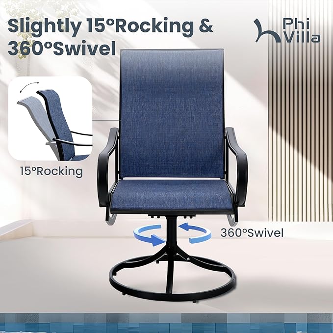 PHI VILLA Patio Swivel Dining Chairs Set of 2, All Weather Outdoor Chair with Textilene Mesh Fabric & Black Metal Frame for Outdoor Lawn Garden Poolside (Blue)