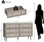 Rattan Dresser for Bedroom, Grey 6 Drawer Dressers & Chest of Drawers, Boho Dresser with Handles Wood Chests Storage Organizer Farmhouse Dressers for Closet, Hallway, Office