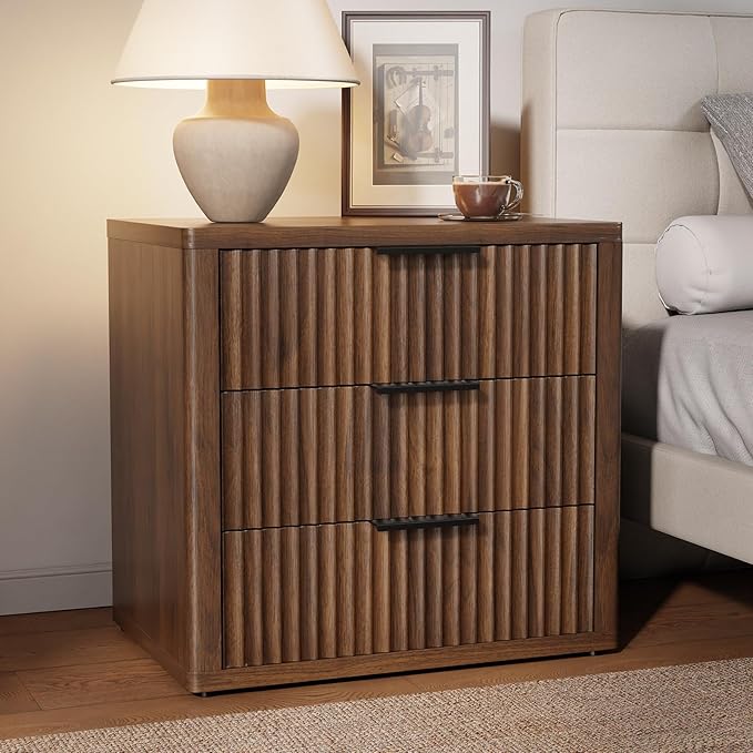 Night Stand with 3 Drawers, 23" Wide Modern Nightstand with Large Storage, Fluted Bed Side Table with Metal Handle, End Table Tall Nightstand for Bedroom, Living Room, Office, Walnut