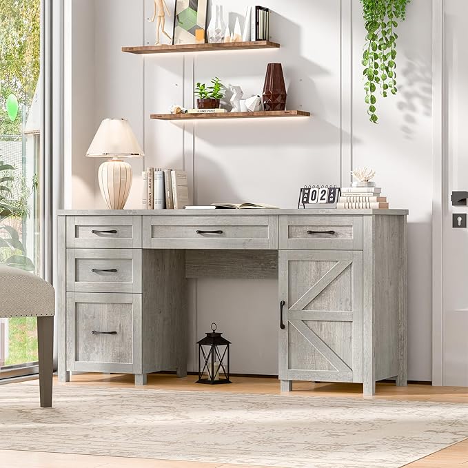 Vabches Farmhouse 61'' Executive Desk with 5 Drawers, Rustic Office Desk Computer Desks with Charging Station, File Drawers and Storage Cabinet, Wood Workstation for Study and Home Office,(Grey).