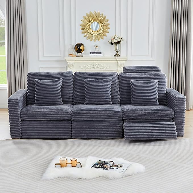 Power Reclining Sectional Sofa, Electric 3 Seat Recliner with 1 Electric Footrest and Adjustable Headrest, Modern Plush Corduroy Fluffy Reclining Sectional with Deep Seat for Living Room-Blue Grey