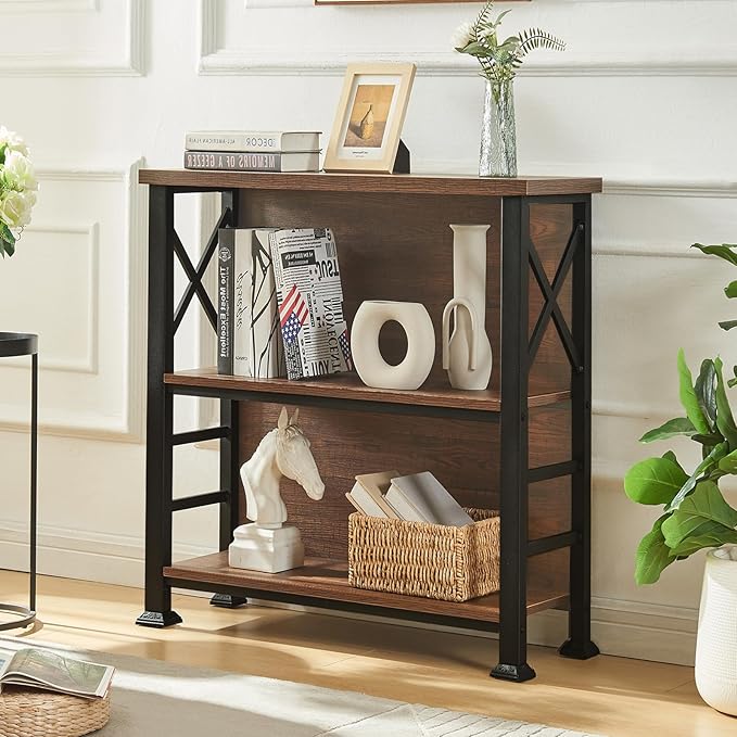 HOMBAZAAR Book Shelf,3 Tier Small Bookshelf with Metal Frame and Backboard,Small Shelf Bookcase for Living Room,Bedroom and Office,29.5 inch