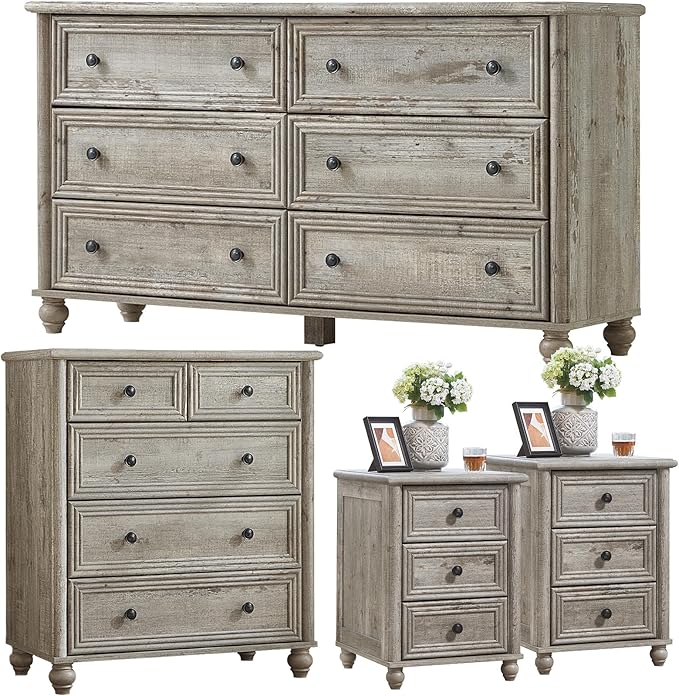 Farmhouse Dressers & Night Stand Set of 4, Wood 54" Wide 6 Drawer Dresser & 35" Tall Chest of Drawers, 18" Roman Column Nightstand Set of 2, Bedroom Furniture Dresser Sets for Home Living Room Hallway
