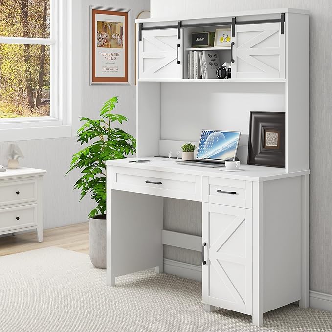 Vabches Farmhouse 47" Executive Desk, Computer Desks with 2 Drawers and Storage Cabinet, Home Office Desk with Hutch and Charging Station, Workspace for Work and Study. (Cream White)