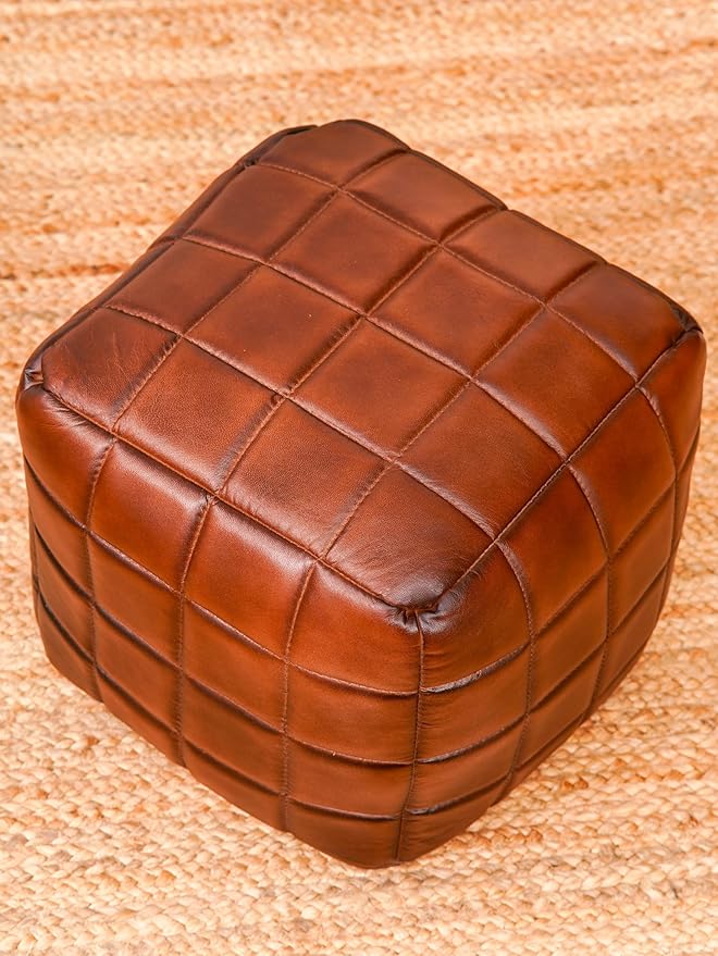 Handmade Eco-Friendly Geometric Leather Pouf Brown Color Square 14" x 14" x 14" Leather Pouf for Living Room, Bedroom Seating, Patio