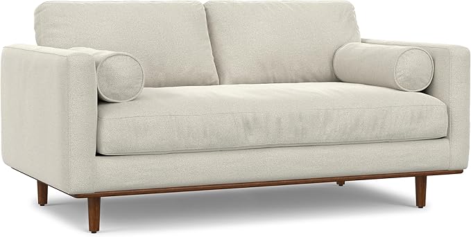 SIMPLIHOME Morrison 72-inch Wide Sofa in Cream White Woven-Blend Fabric, Handcrafted Mid-Century Modern Loveseat for Living Room or Family Room, Single Bench Cushion, Bolster Pillows