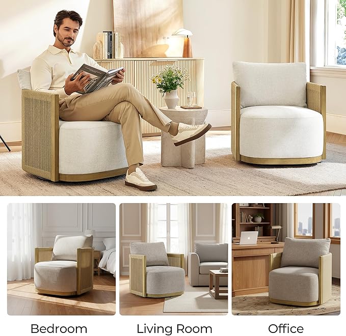 CHITA Braid Swivel Accent Chairs, Modern Comfy FSC Certified Armchair with Paper Cord & Wood Frame for Living Room and Bedroom, Fully Assembled - Mink