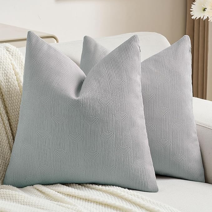 FUTEI Dusty Blue Chenille Decorative Throw Pillow Covers 24x24 Inch Set of 2,Soft Cozy Striped Geometric Patterns European Cushion Cases,Modern Home Decor for Couch Bed Living Room