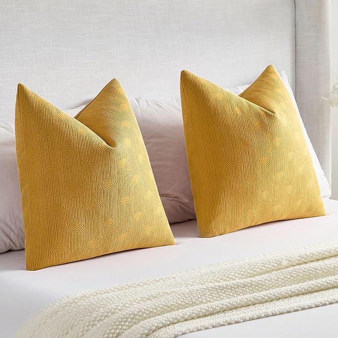 FUTEI Mustard Yellow Chenille Decorative Throw Pillow Covers 16x16 Inch Set of 2,Soft Cozy Striped Geometric Patterns Cushion Cases,Modern Home Decor for Couch Bed Living Room