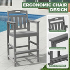 Outdoor Patio Bar Height Chair, All-Weather HDPE Tall Balcony Adirondack Stools for Bistro, Garden, Backyard, Deck | Grey