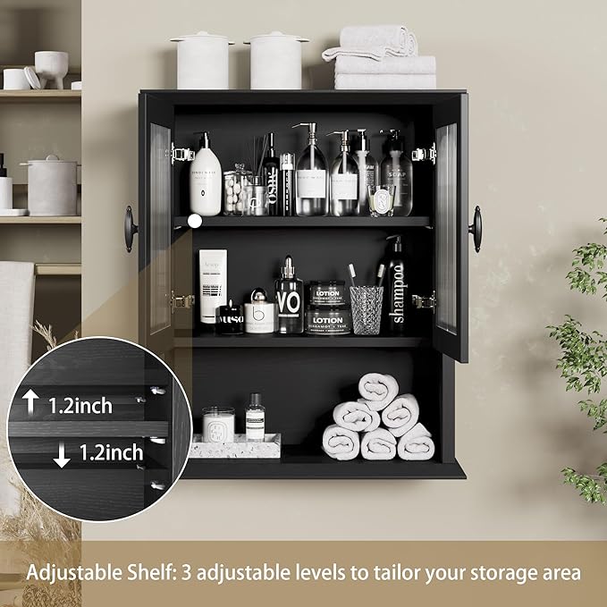CJL Bathroom Wall Cabinet with Fluted Door, 18.9'' x 23.6'' Medicine Cabinet, Over The Toilet Storage Cabinet, Black