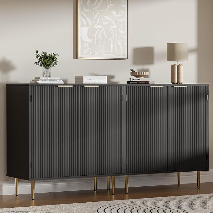 Buffet Sideboard Cabinet with 2 Doors, Modern Kitchen Cabinet with Golden Handles & Legs, Adjustable Shelf, Accent Coffee Bar Storage Sideboard for Kitchen, Living Room, Black