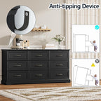 9 Drawer Dresser for Bedroom, 63" Wide Wooden Chest of Drawers, Rustic Farmhouse Dresser with Large Drawers & Metal Handles, Modern Storage Organizer for Closet, Living Room, Hallway, Black