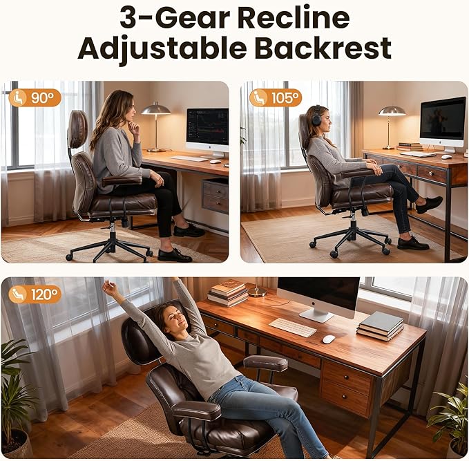 Home Office Desk Chair, Mid-Century Modern Office Chair with Adjustable Lumbar Support, Thickened Cushion Executive Desk Chair with 360 Rolling Swivel for Meeting Game Study Room(Coffee)