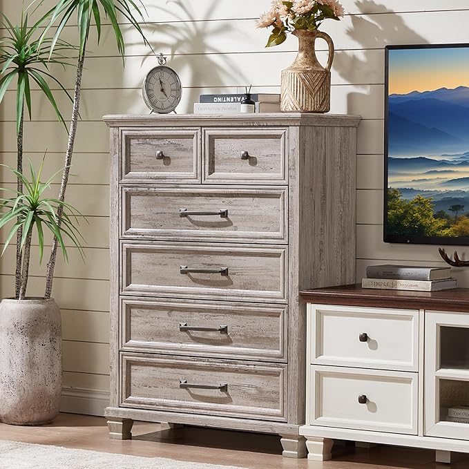 Farmhouse Bedroom Dresser and Nightstand Set of 4, 6 Drawer Tall & 5 Drawers Dresser & 3 Drawer Nightstand Set with Wooden Legs, Rustic Wood Bedroom Furniture for Livingroom, Hallway, Grey