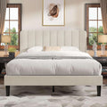 VECELO Queen Size Bed Frame with Upholstered Headboard, Velvet Platform Bedframe Mattress Foundation, Strong Wood Slat Support, No Box Spring Needed,Velvet Beige