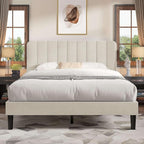 VECELO Queen Size Bed Frame with Upholstered Headboard, Velvet Platform Bedframe Mattress Foundation, Strong Wood Slat Support, No Box Spring Needed,Velvet Beige