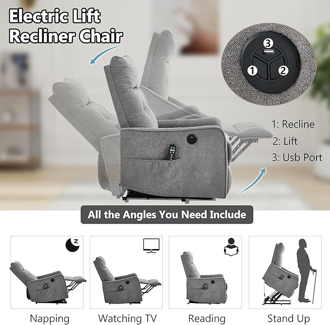 PELUMY Manual Lift Recliner Chair with Massage and Heat for Elderly, Single Motor Electric Lift Chair, Heavy Duty Recliner with USB Charging & Side Pockets (Chenille, Light Grey)
