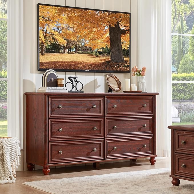 Farmhouse Dressers & Night Stand Set of 4, Wood 54" Wide 6 Drawer Dresser & 35" Tall Chest of Drawers, 18" Roman Column Nightstand Set of 2, Bedroom Furniture Dresser Sets for Home Living Room Hallway