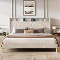 WLIVE King Size Upholstered Bed Frame with Storage Headboard, Velvet Square Tufted Platform Bed with Charging Station, Sturdy Metal & Wooden Slats Support, No Box Spring Needed, Beige