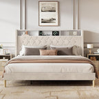 WLIVE King Size Upholstered Bed Frame with Storage Headboard, Velvet Square Tufted Platform Bed with Charging Station, Sturdy Metal & Wooden Slats Support, No Box Spring Needed, Beige