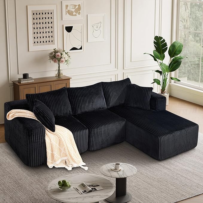 102" Modern Modular Sectional Sofa,Cloud Sectional Couch with Chaise,Deep Seat Boneless Sofa,Comfy Upholstered L-Shape Couch for Living Room,No Assembly Required,Black