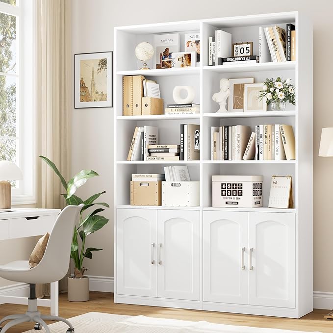 FACBOTALL Bookshelf and Bookcase with Doors, 6 Tier Double Wide Large Bookshelves, Open Display Shelves, 73'' Tall Bookshelf with Storage Cabinets for Home Office, Living Room, Library, White