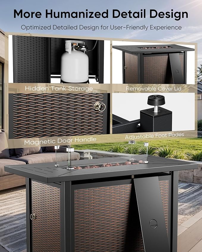 HUMMUH 7 Piece Patio Furniture Set with Fire Pit Table,Wicker Patio Swivel Rocker Outdoor Chairs 3-Seat Sofa for Porch,Poolside,Deck