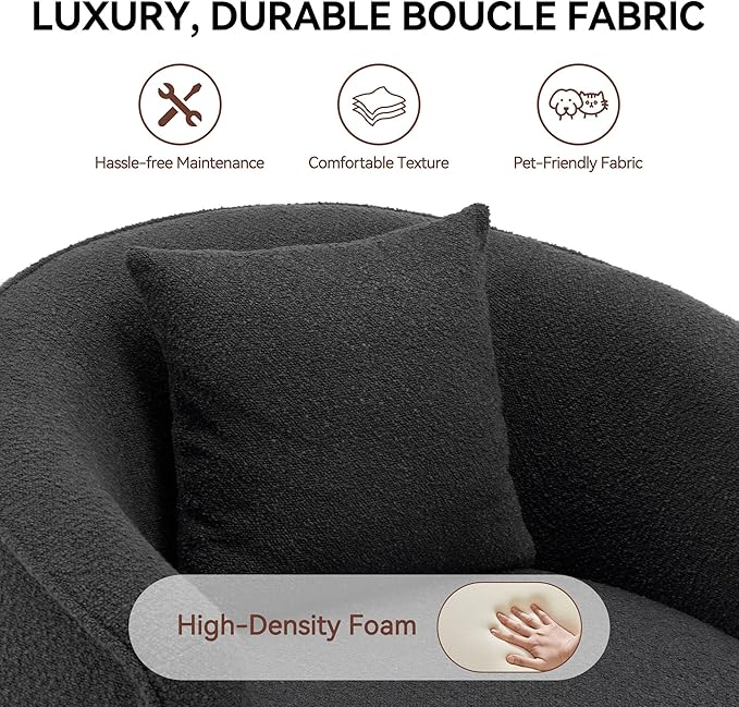 Swivel Accent Chair, Modern Upholstered Boucle Barrel Arm Chairs with Pillow for Living Room, 360 Degree Round Swivel Sherpa Armchair with Round Base for Bedroom Club (1, Dark Grey)