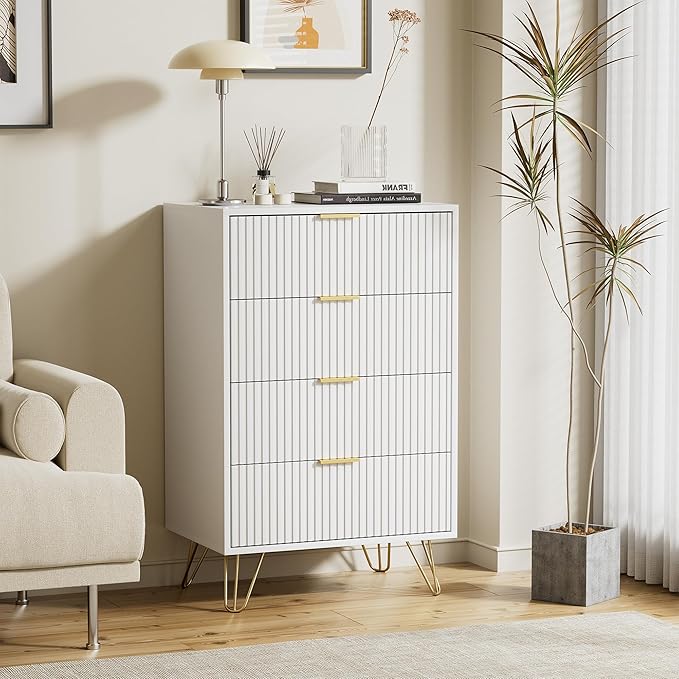 White Dresser for Bedroom, Modern Wide Dresser with Gold Pulls and 4 Drawers for Bedroom, Closets, 15.7" D x 23.6" W x 37.4" H