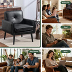Mid Century Accent Chair, PU Leather Modern Chair with Wooden Frame, Cozy Armchair Reading Chair with Comfy Back for Apartment, Living Room, Bedroom, Waiting Room, Small Space, Corner, Black