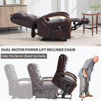 Dual Motor Recliner Lift Chair with Heat and Massage, Heavy Duty Leather Power Lift Recliner Chair Idea Gifts for Seniors, Stand Assistance, Dark Brown