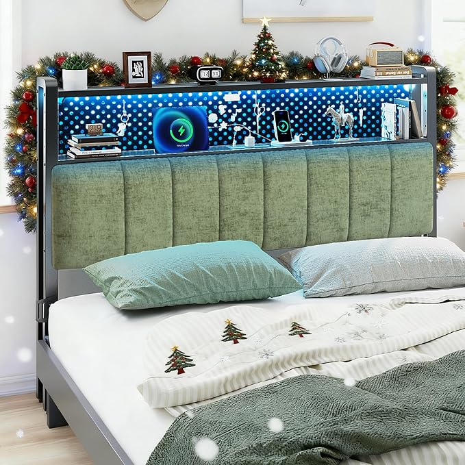 VINGLI Queen Size Headboard Only, Adjustable Upholstered Headboard with 2 Tier Shelves and Pegboard with Charging Stations and LED Lights, Modern Bed Headboard with Storage for Bedroom Decor