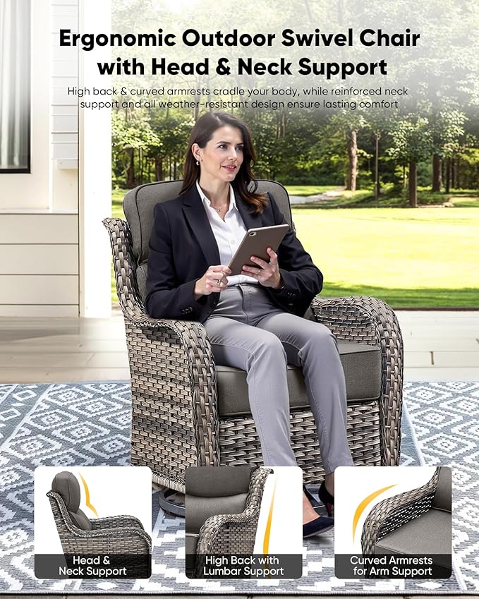 HUMMUH Wicker Patio Furniture Set 6inch Thick Cushion Deep Seat Outdoor Swivel Rocker Patio Chairs Set of 2 with Ottomans Conversation Set for Porch Garden Deck
