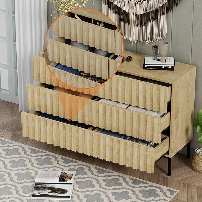 UEV Fluted Dresser for Bedroom with 6 Drawers, 47" Wide Large Chest of Drawers with Metal Stand, Mid-Century Wooden Dresser TV Stand, Closet Storage Organizer for Living Room, Hallway (Ivory White)