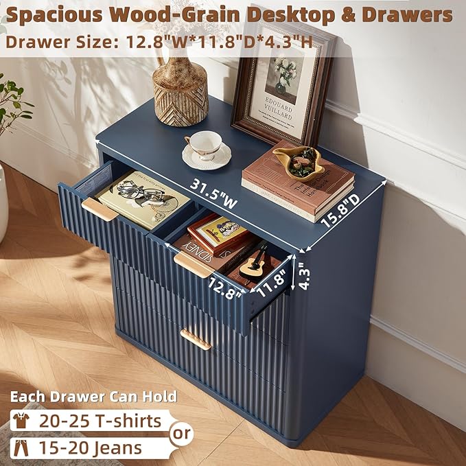 LEYAOYAO Fluted 5 Drawers Dresser for Bedroom, 34" Tall Modern Chest of Drawers with Metal Handle, Curved Profile Design,Navy Blue Wood Drawer Organizer for Bedroom, Living Room, Hallway, Entryway
