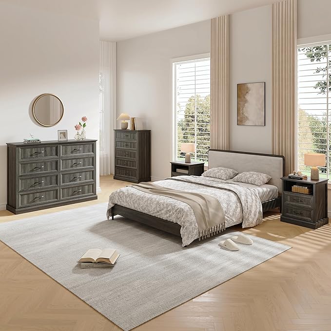 Farmhouse Dresser and Nightstand Sets, 4Pcs Bedroom Furniture Set, Nightstand Set of 2 & 55" Wide 8 Drawer and 44" Tall 5 Drawer Dresser with Large Drawers & Bar Handles, Grey