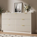 3 Piece Dresser Bedroom Set, 7 Drawer Dresser & 3 Drawer Nightstands with Gold Handles, Fluted Wood Chest of Drawers for Bedroom, Living Room, Entryway, Beige