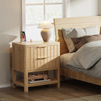 Huuger 27.6 Inch Tall Night Stand with Charger Station, USB-C Port, Fluted Nightstand with 2 Deep Drawers, Larger Wider Bed Side Table with Open Shelf, Bedroom Living Room End Table, Natural