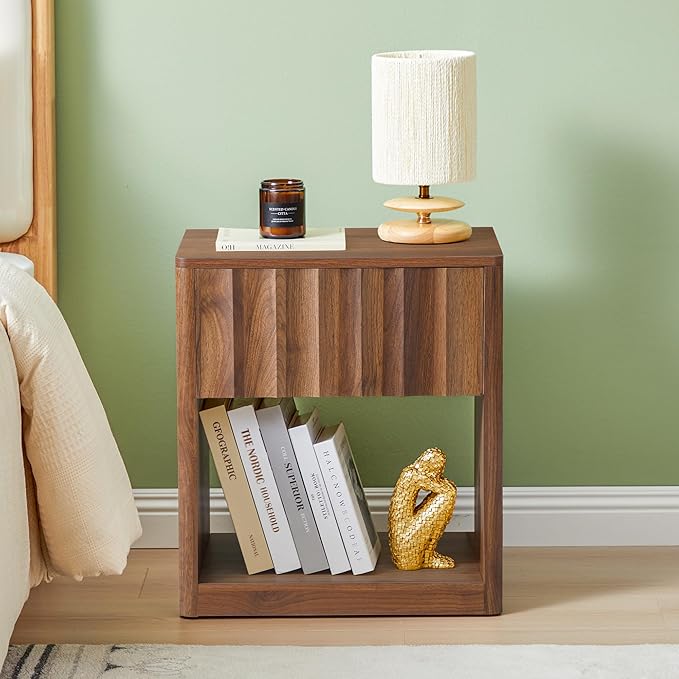Fluted Dresser, Small Nightstands Set of 2, Natural Bedside Table with Drawer and Storage, Mid Century Modern Side Table for Bedroom Living Room Sofa