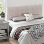 KOMFOTT Linen Upholstered Headboard for Full & Queen Size Bed Frame, Tufted Button Bed Headboard with Solid Rubber Wood Legs, Rectangular Headboard with Adjustable Width, Beige