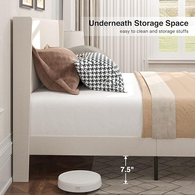 Gizoon Full Bed Frame with Wingback Headboard, Upholstered Platform Bed with Modern Geometric Headboard, Wooden Slats, Noise-Free, No Box Spring Needed