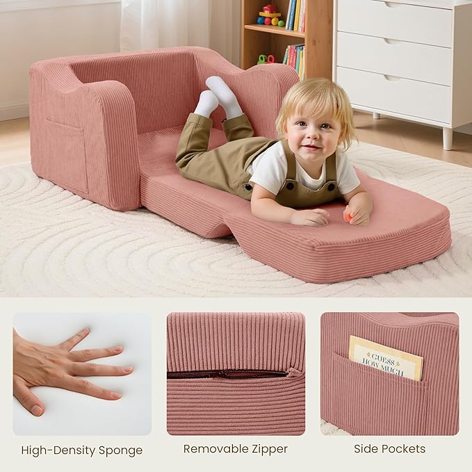 Comfy Toddler Chair for Kids, 2-in-1 Toddler Soft Plush Couch Fold Out, Convertible Kids Couch to Lounger, Baby Sofa for Boys and Girls, Pink