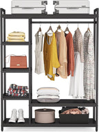 LITTLE TREE Free Standing Wood Closet Clothes Rack,Heavy Duty Grament Rack with Shelves,Hanging Racks for Clothes Clothing Rack for Bedrom,Wardrobe Closet Organizer,350 lb Capacity,Black