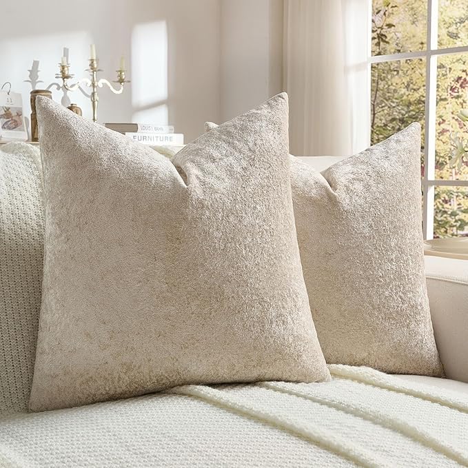 FUTEI Beige Flannel Throw Pillow Covers 18x18 Inch Set of 2,Soft Dimensional Textured Cushion Cases,Modern Home Decor for Couch Living Room