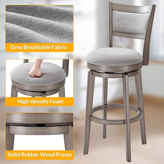 PrimeZone Swivel Bar Stools Set of 6, 30 Inch Bar Height Barstools, High Back Bar Stool with Solid Wood Legs & Wrap-Around Footrest, Counter Stools for Kitchen Island, Pub, Grey