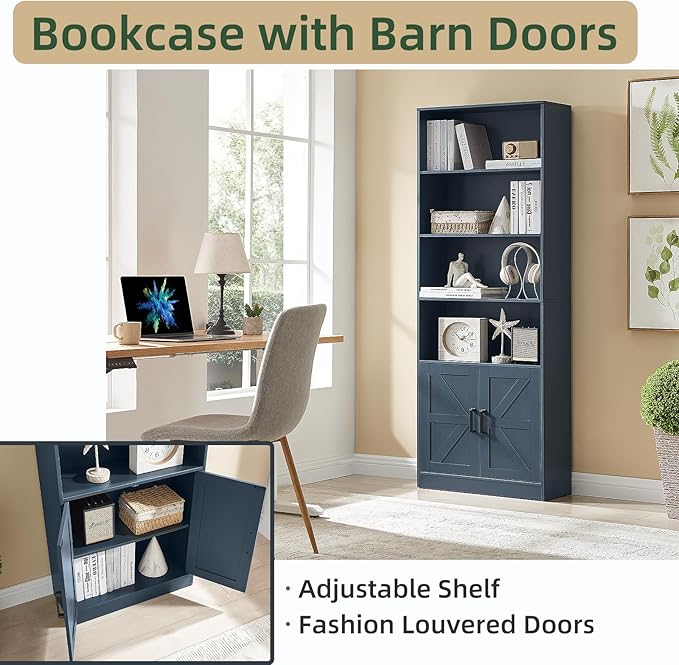 70in Tall Bookshelf 6 Tier Bookcase with Barn Doors and Adjustable Shelf, Blue Farmhouse Book Shelves with Storage Cabinet, Wood Floor Standing Display Bookshelve for Bedroom,Living Room,Kitchen